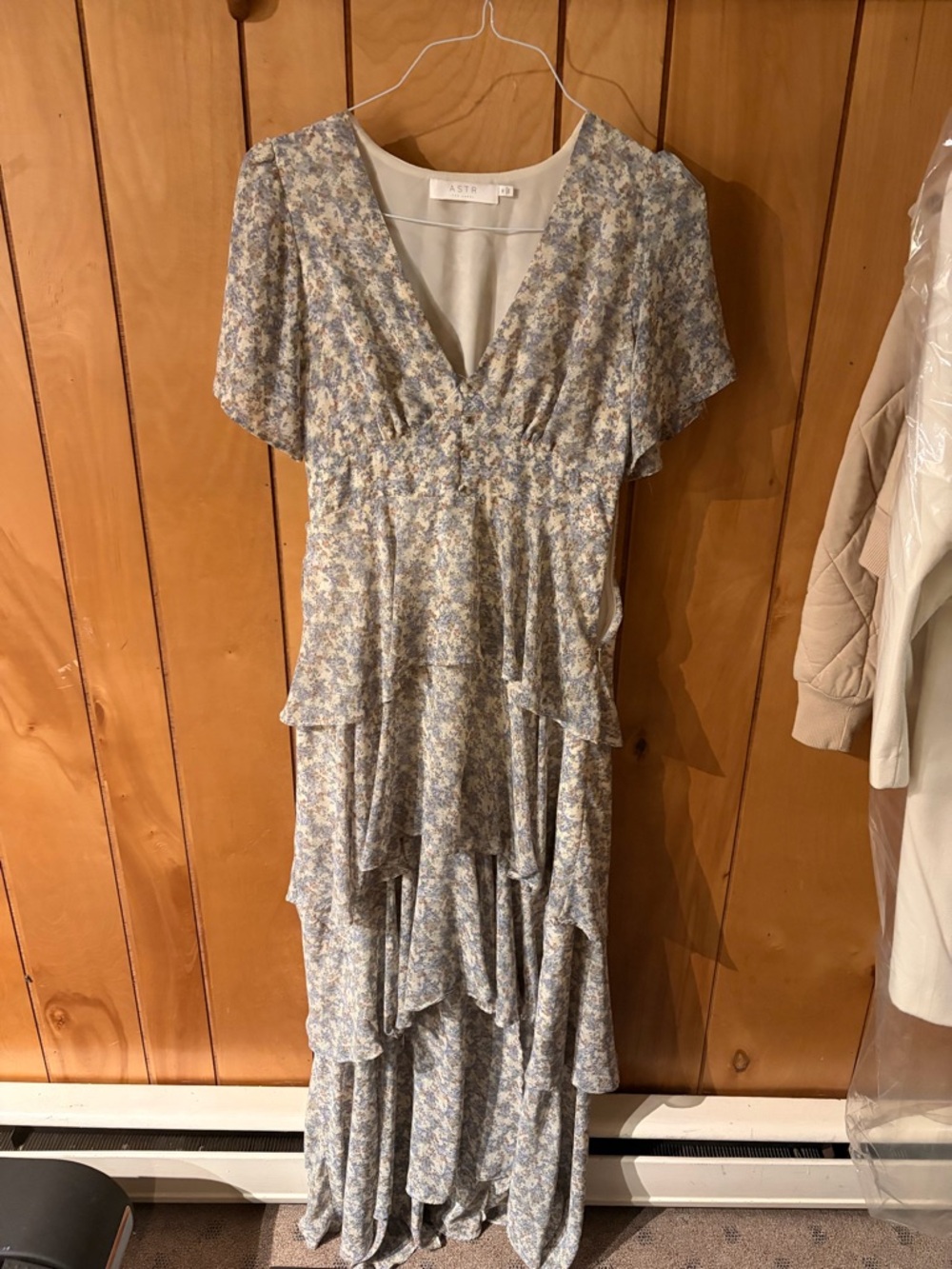 ASTR The Label  Blue and Cream Floral Ruffle Maxi Dress